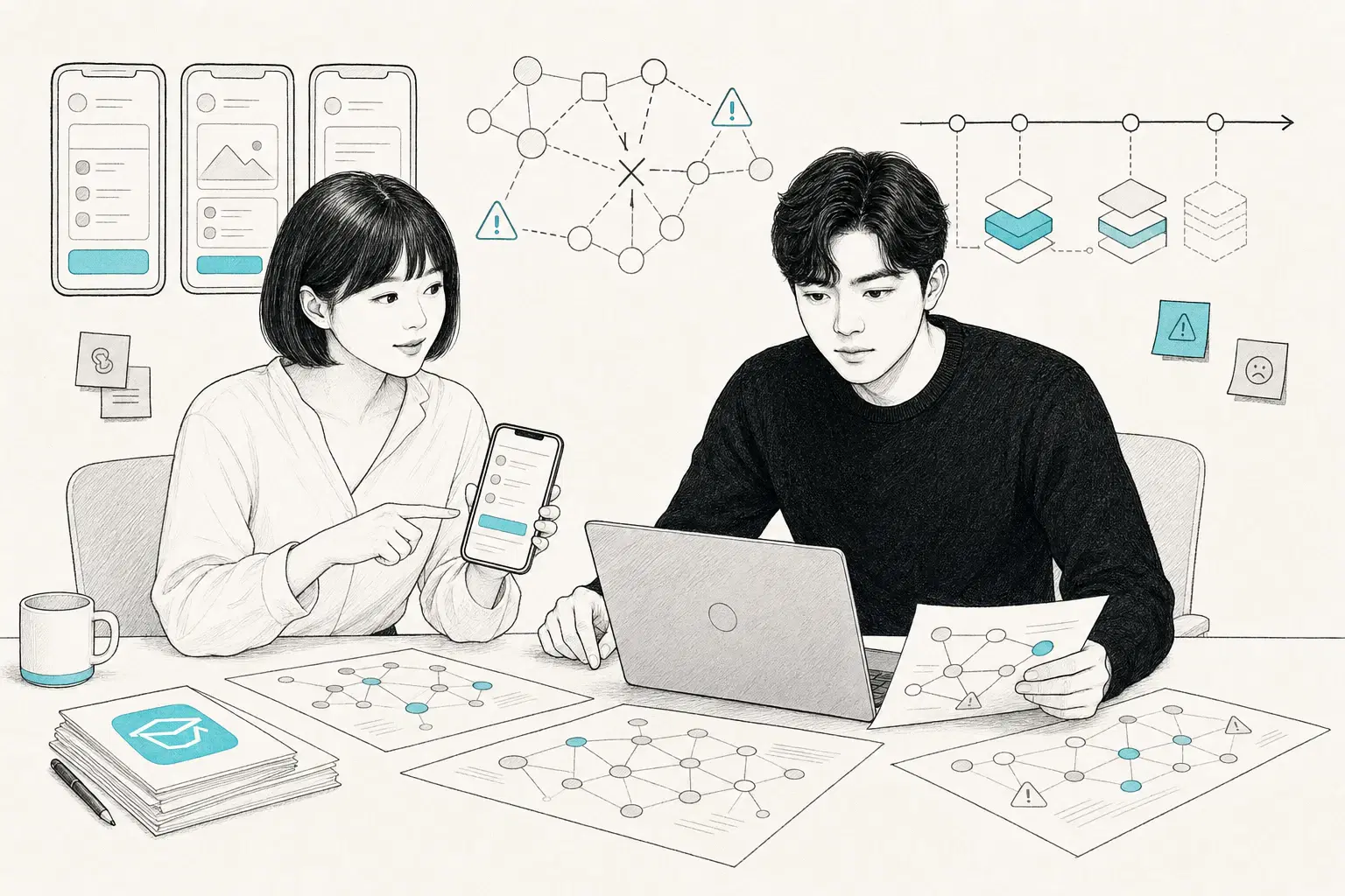 가방끈 대표와 개발자가 누적된 모바일앱 기술 부채를 함께 진단하는 장면