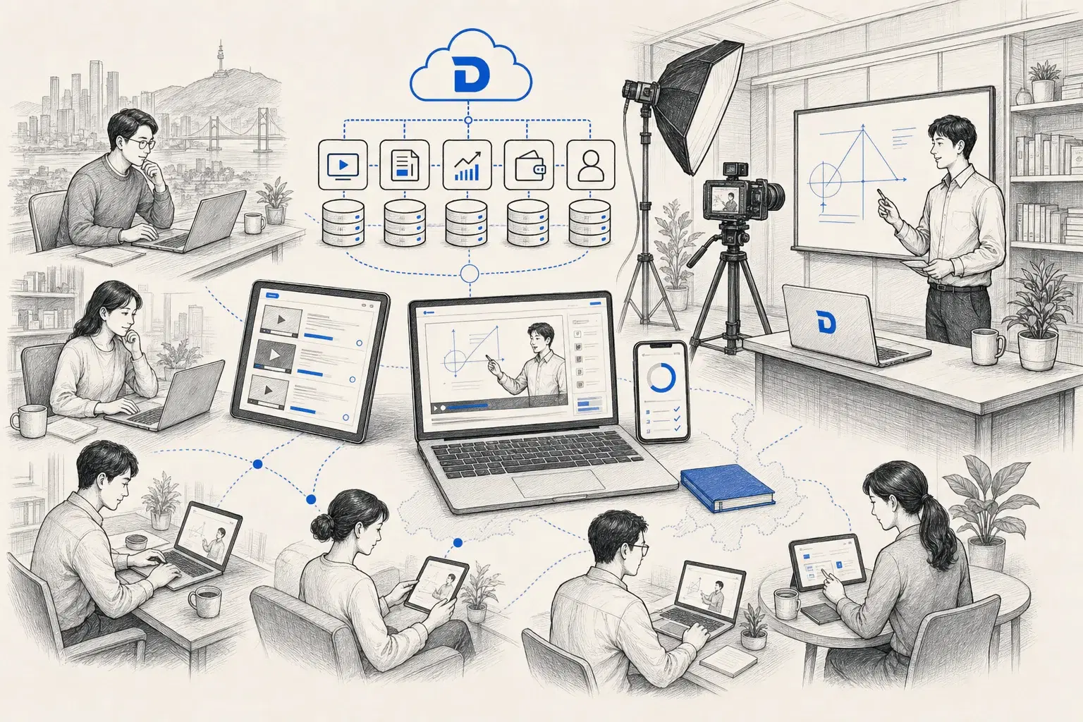 부산 학원의 강의를 온라인 학습 플랫폼으로 확장하는 미래 모습을 그린 장면